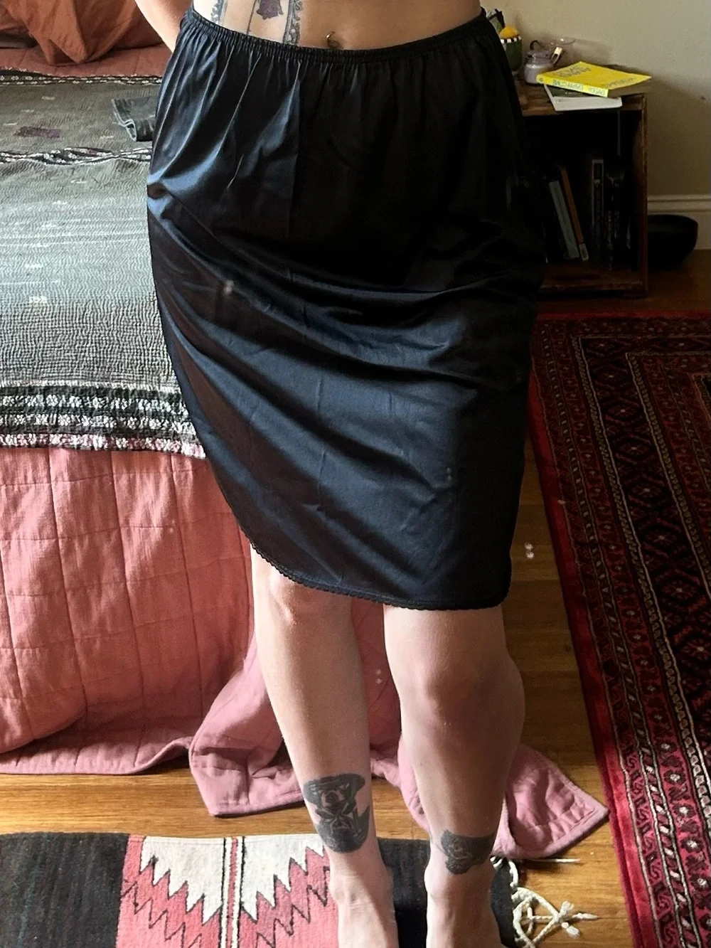 Black Side-Slit Midi Slip Skirt